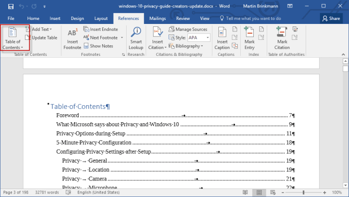 Cara membuat daftar isi word